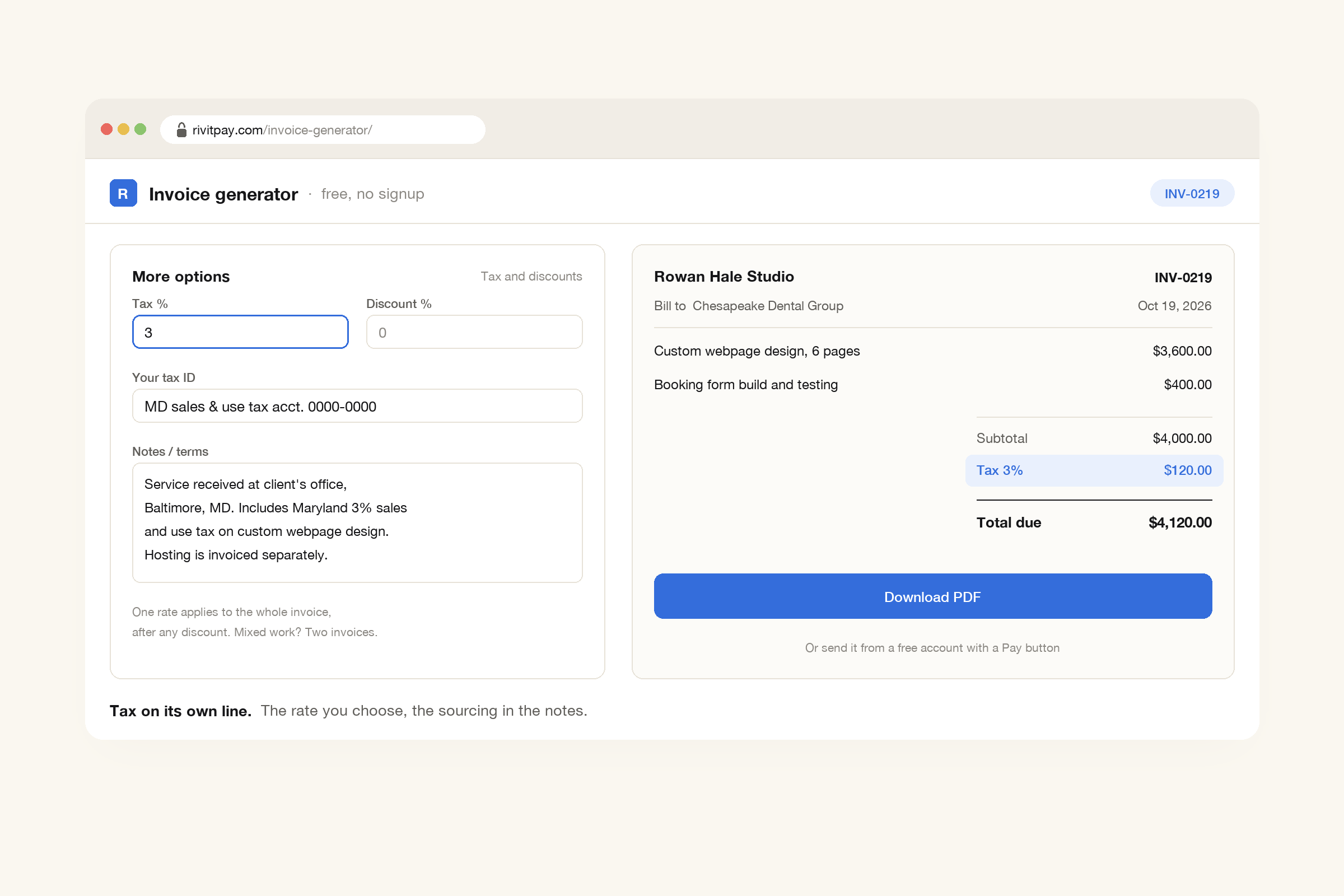 RivitPay invoice generator with a 3% tax rate set under More options for a custom webpage design invoice to a Baltimore client, a note stating where the service is received, and the invoice preview showing subtotal, Tax 3% and total