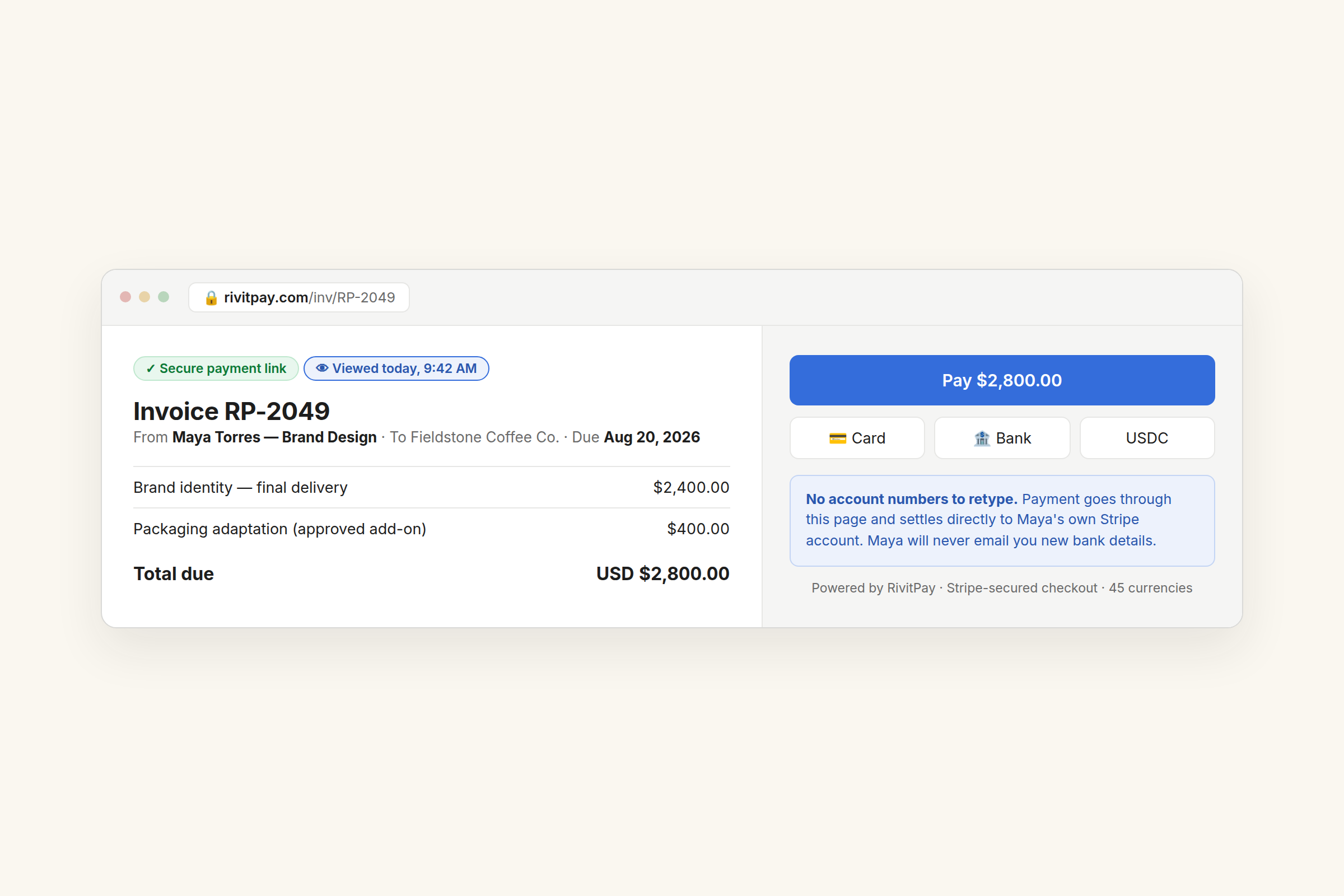 A RivitPay hosted invoice page with a Pay button and payment methods — no bank details for anyone to swap