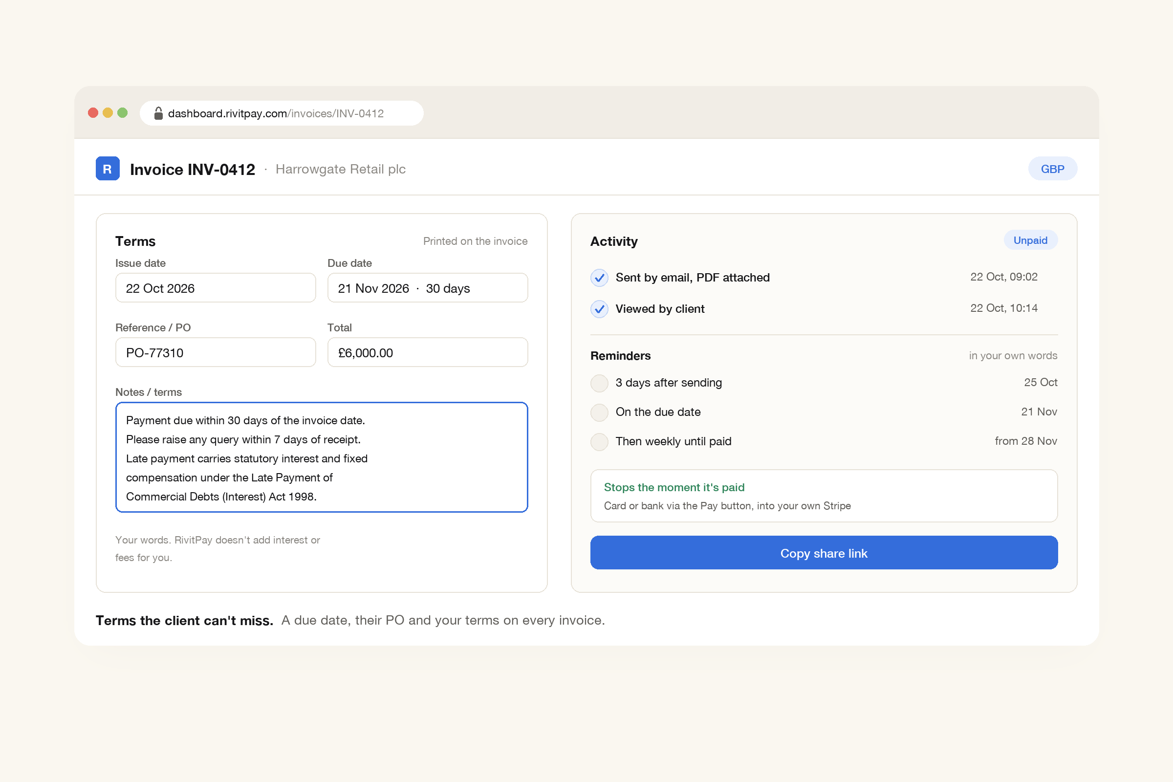A RivitPay invoice for £6,000 to a large client with a PO reference, a due date 30 days after issue, terms asking for queries within seven days and mentioning statutory interest, and an activity panel showing it was viewed the same morning with reminders scheduled three days after sending, on the due date, then weekly