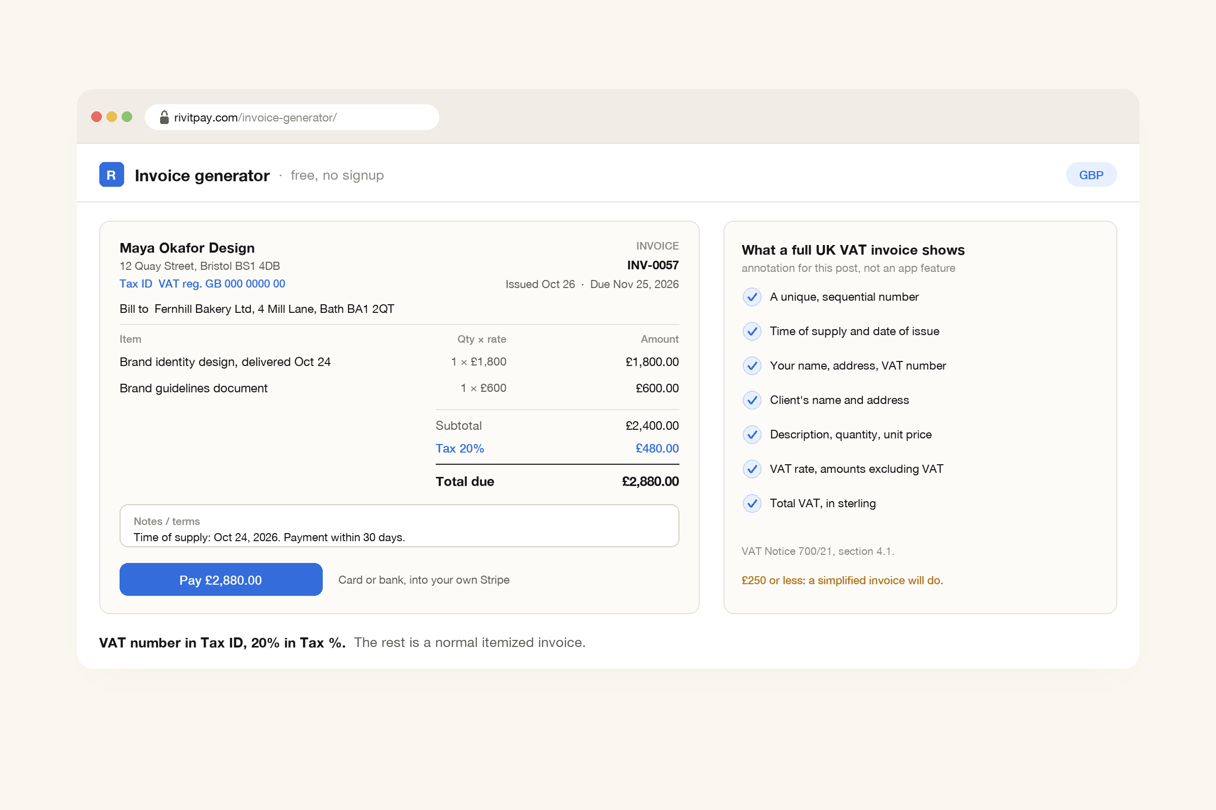 A RivitPay invoice in pounds sterling for brand design work, with the freelancer's VAT number under their details, a subtotal of £2,400, a Tax 20% line of £480 and a total of £2,880, next to a panel added for this post listing the details a full UK VAT invoice must show